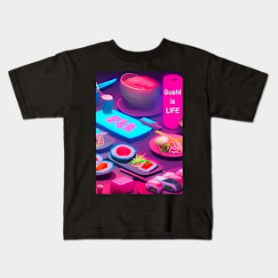 Neon Pink and Blue Sushi Quote Sushi is Life Art Kids T-Shirt